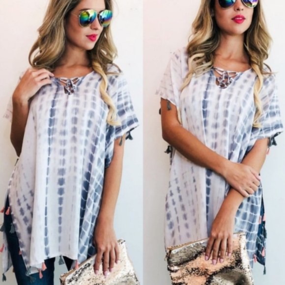 Tops - 010 Boho Tie Dye Tassel lace up Tunic Top